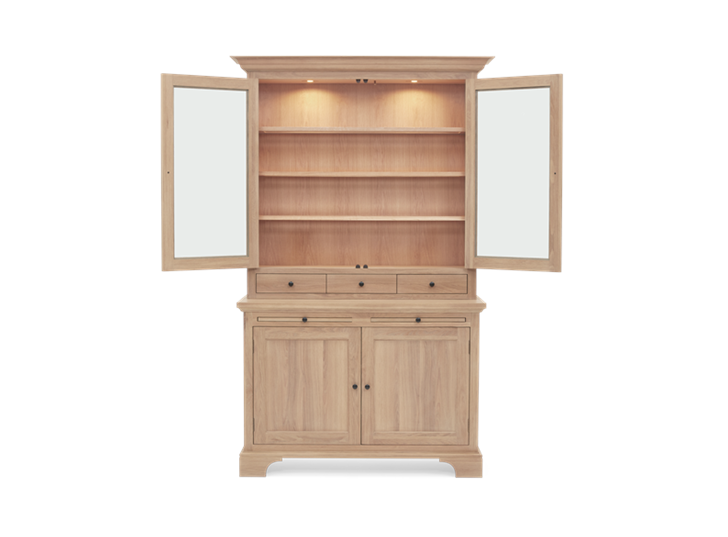 Henley 4ft Glazed Oak Dresser Top Front Open Lights On