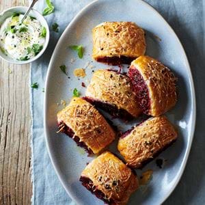Beetroot & Gruyere sausage rolls